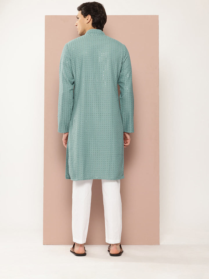 Men's Blue Sequin Embroidered Rayon Kurta, Paired with Pyjama