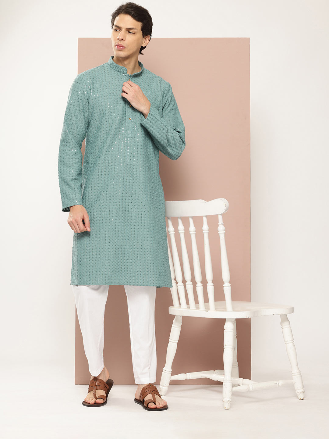 Men's Blue Sequin Embroidered Rayon Kurta, Paired with Pyjama