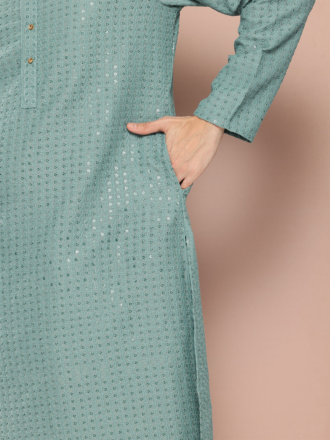 Men's Blue Sequin Embroidered Rayon Kurta, Paired with Pyjama